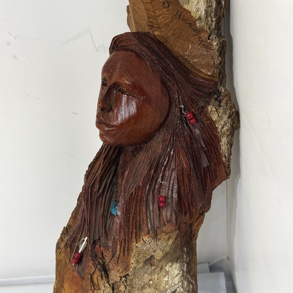 Vtg Doug Hicks Indian Native Man Hand Carved Face Art Wood Spirits 12" Carving